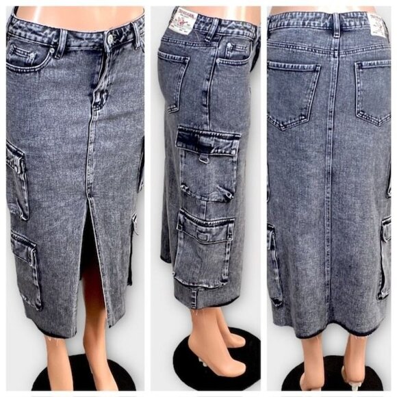 NWT True Religion Vintage Cargo Midi Slit Skirt Vintage Charcoal, Size 26 - Picture 2 of 12